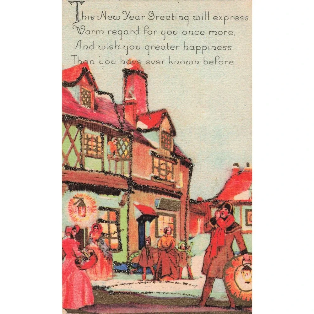New Year Postcard Winter Village Scene Victorian Figures Glitter Accents c1910
